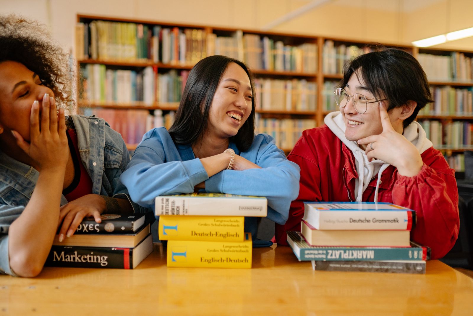 People talking in a library