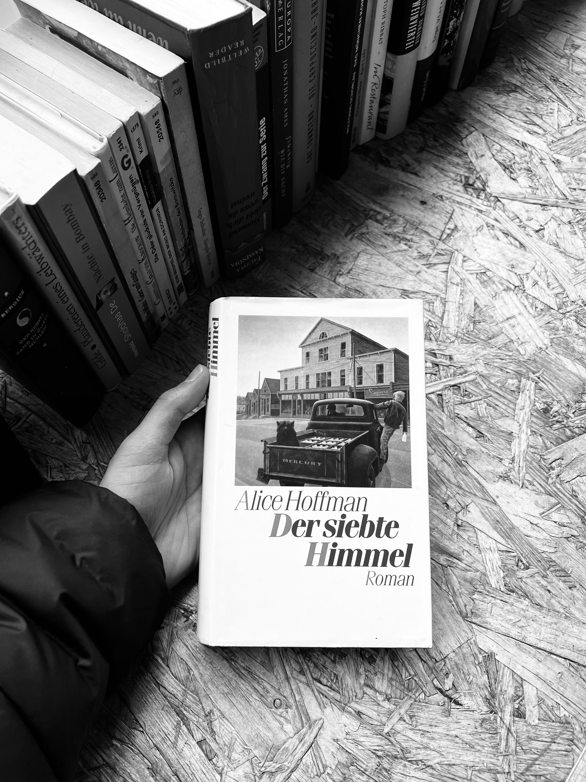 Hand holding a German book in a bookstore