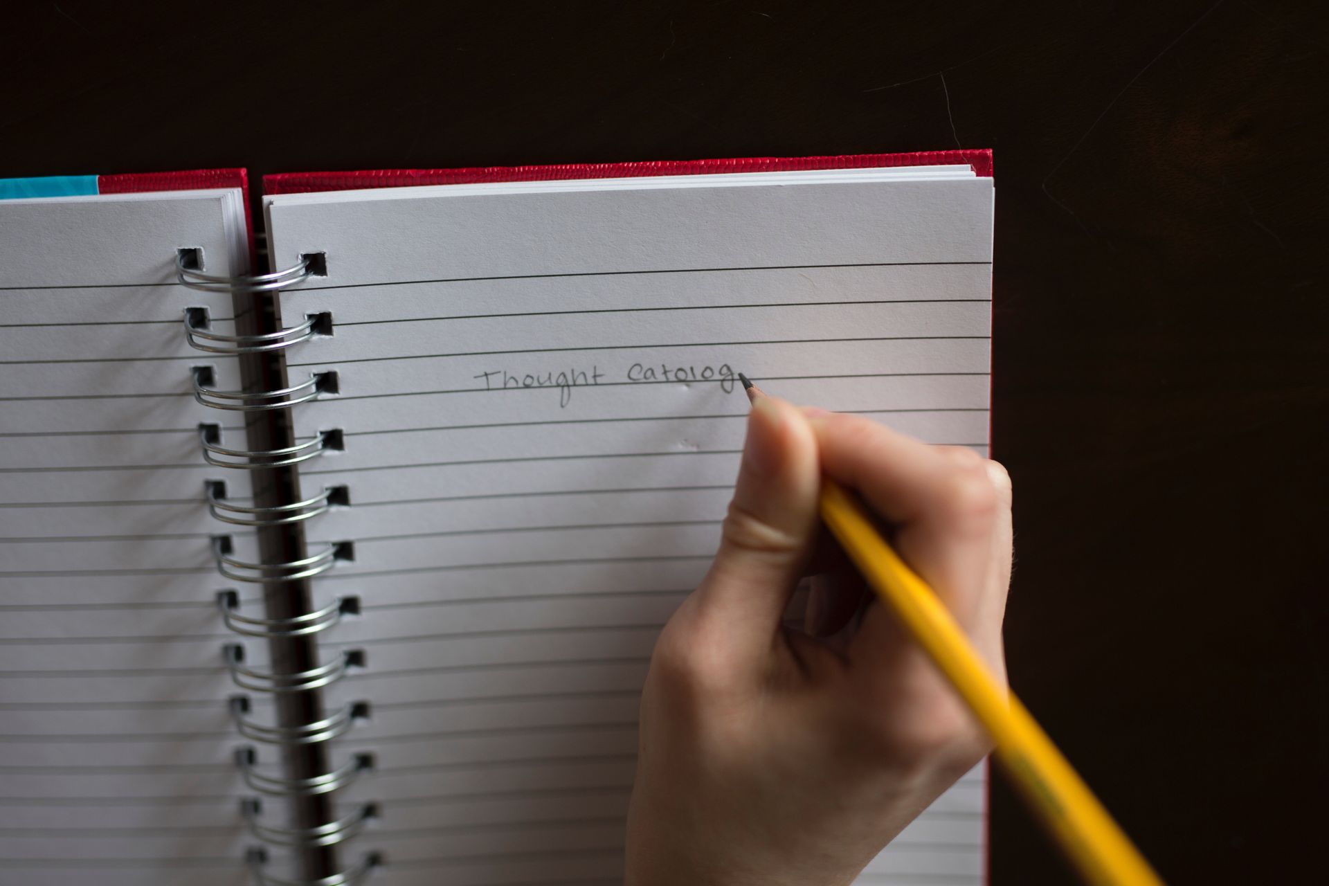 Close-up of a hand writing with a pencil in a spiral notebook