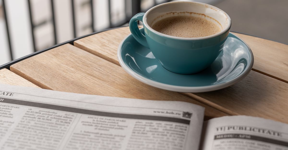 Coffee and newspaper on a balcony table in the morning