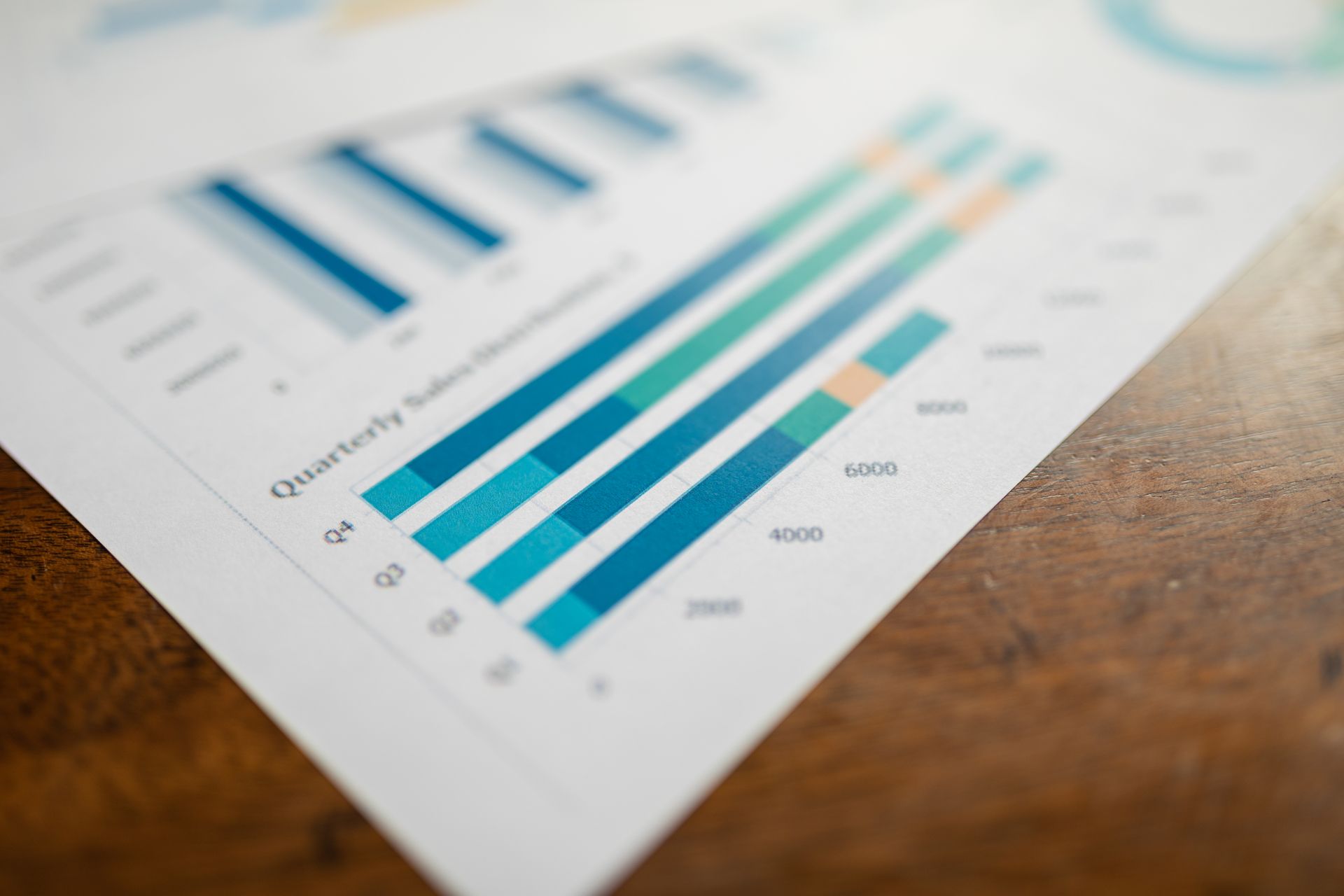Close-up of a quarterly sales report showing bar charts on paper