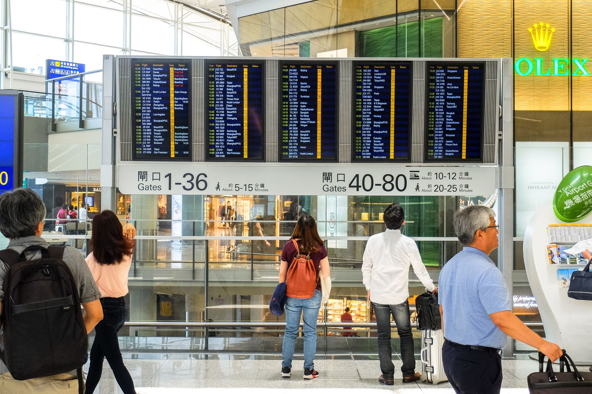 Travelers checking the departure board at an international airport
