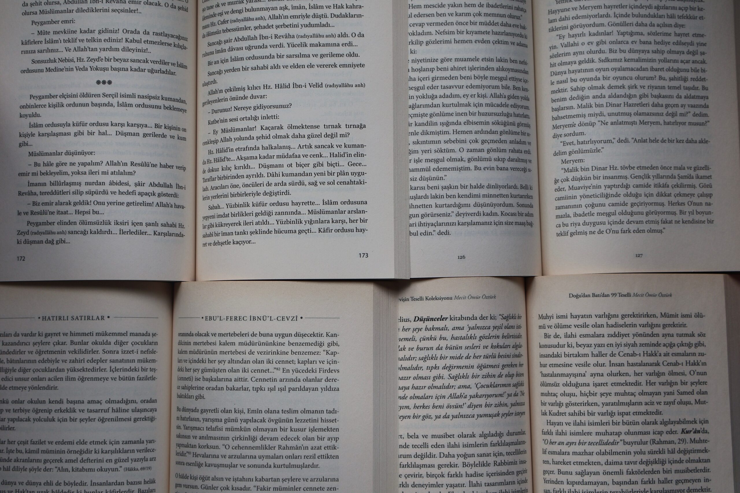 Open books with Turkish text arranged neatly under natural light.
