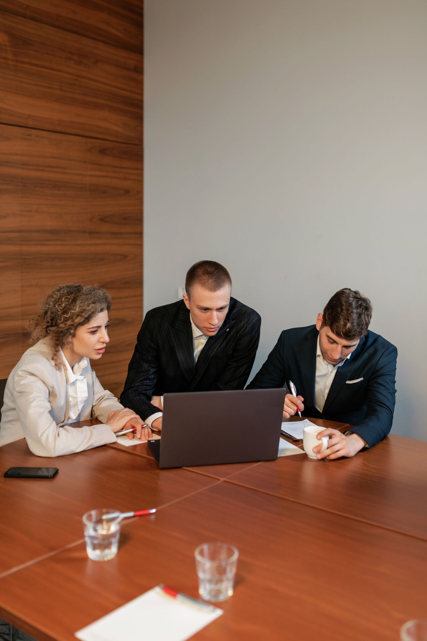 Collaborative business meeting with three professionals focused on a laptop in a modern office