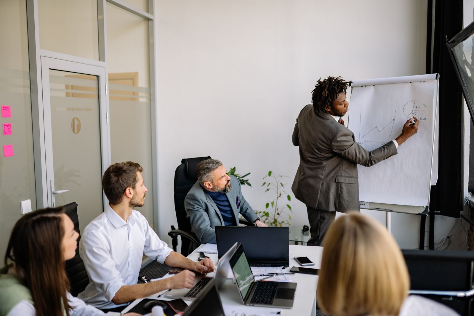 Man presenting a pie chart on a flipchart to colleagues