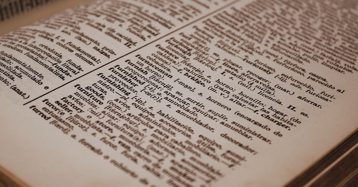Close-up of the pages of an old dictionary under warm light