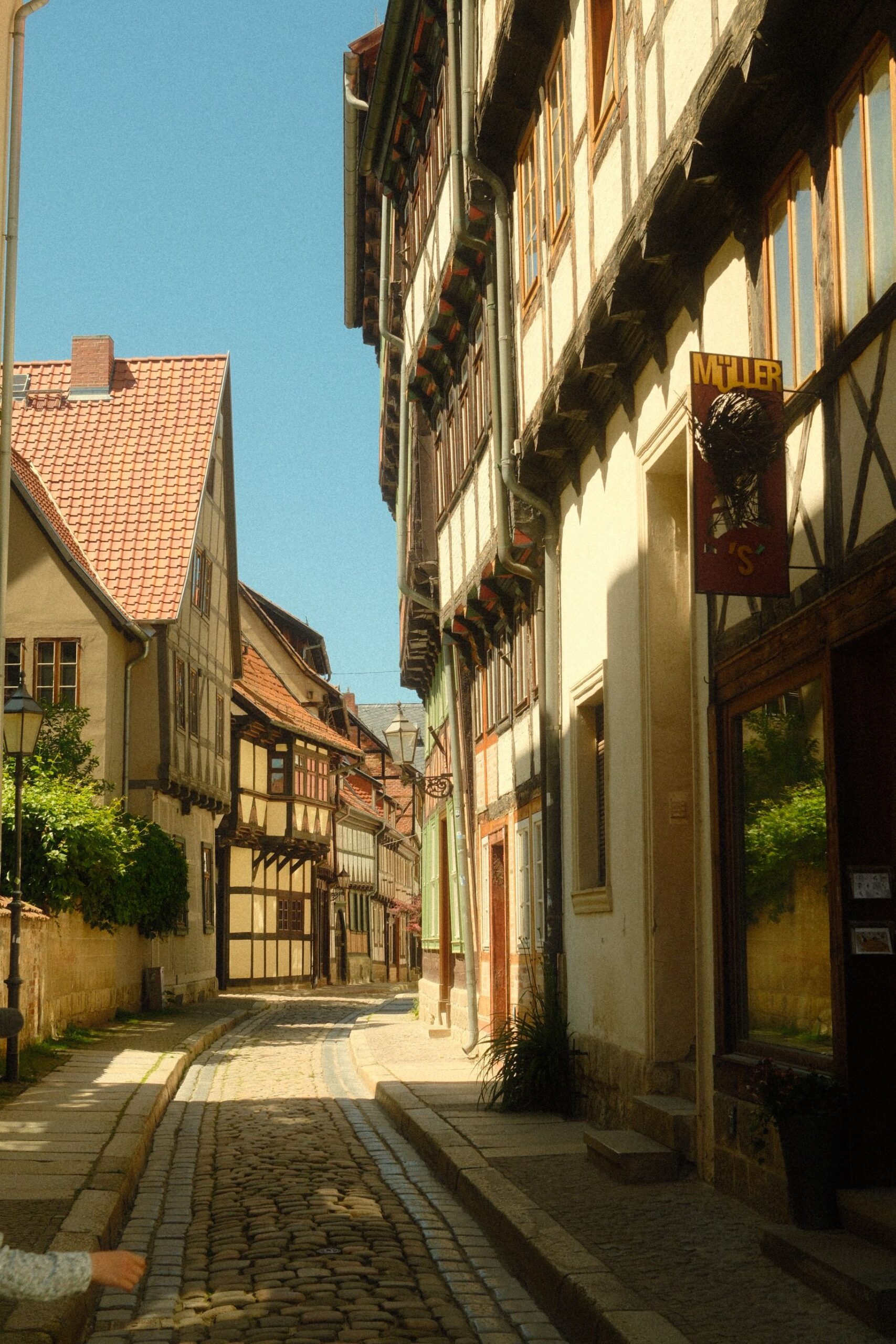 Half-timbered houses on a quiet street in Quedlinburg, Germany