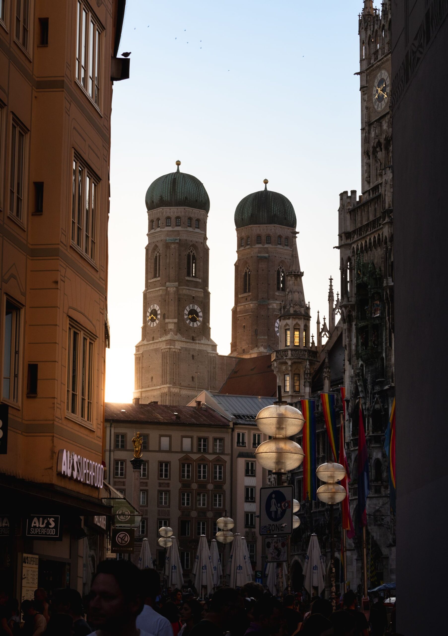 Frauenkirche twin towers at sunset in Munich, Germany