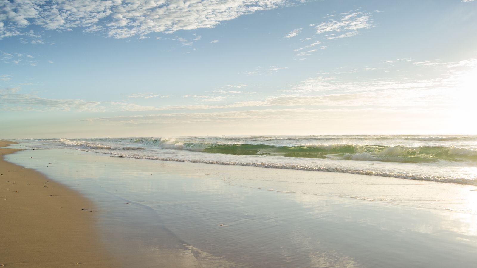 Peaceful beach scene at sunrise with gentle waves and a clear sky