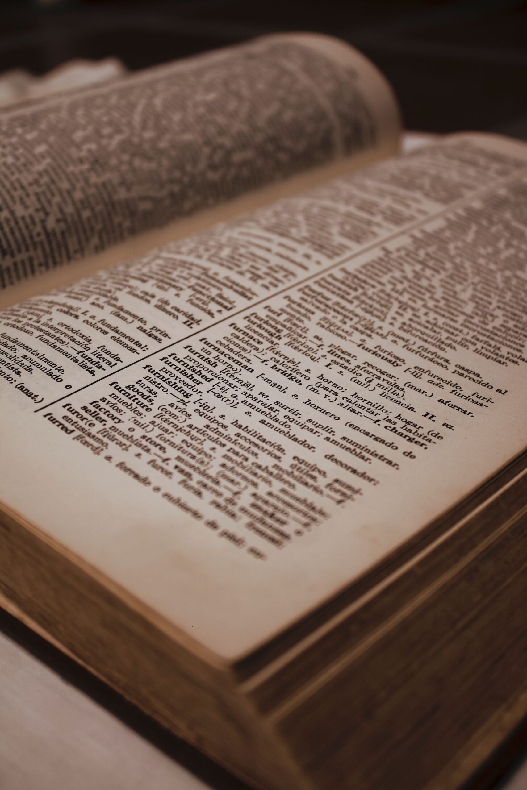 Close-up of an old dictionary open on a page under warm lighting