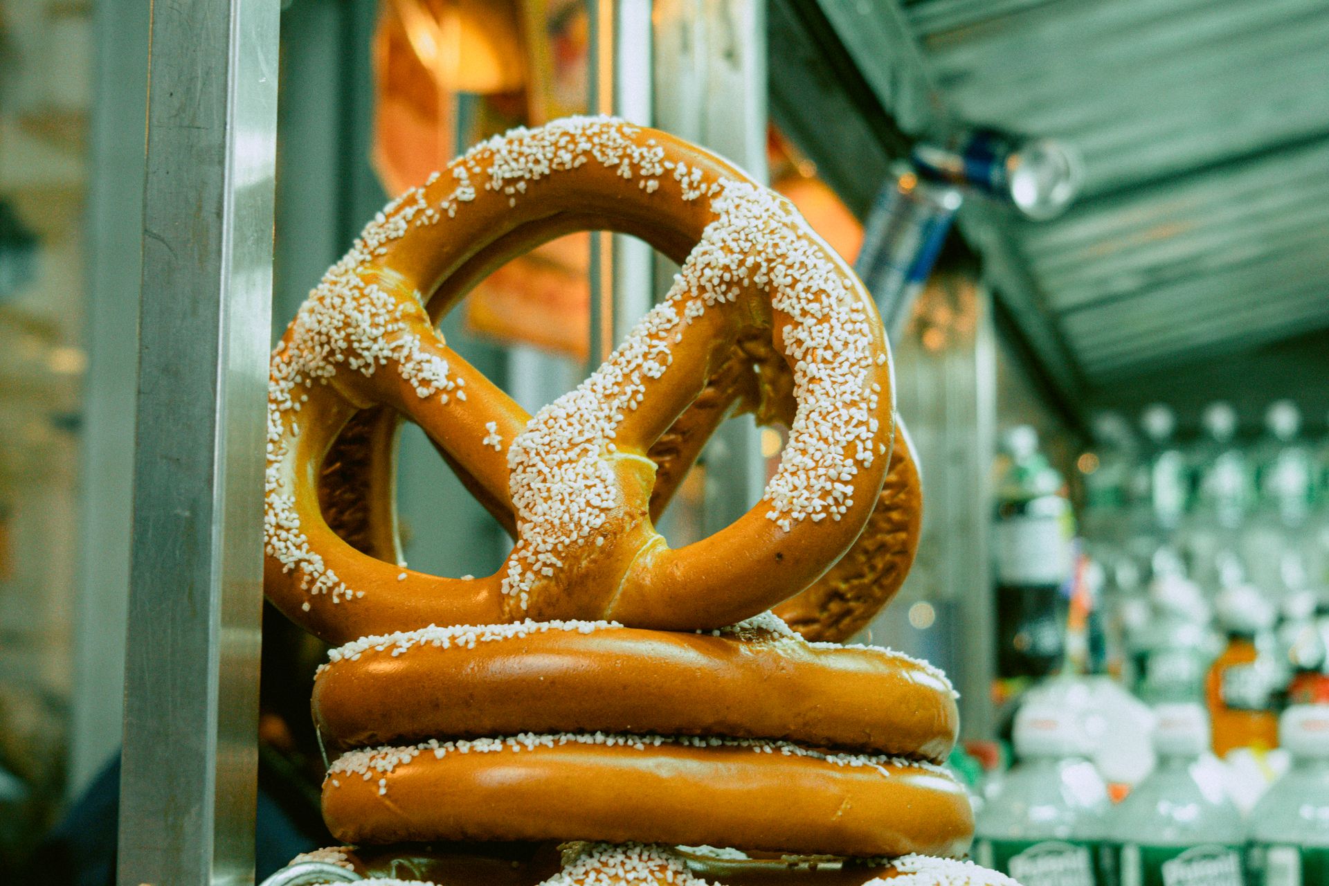 Close-up of freshly baked pretzels with salt