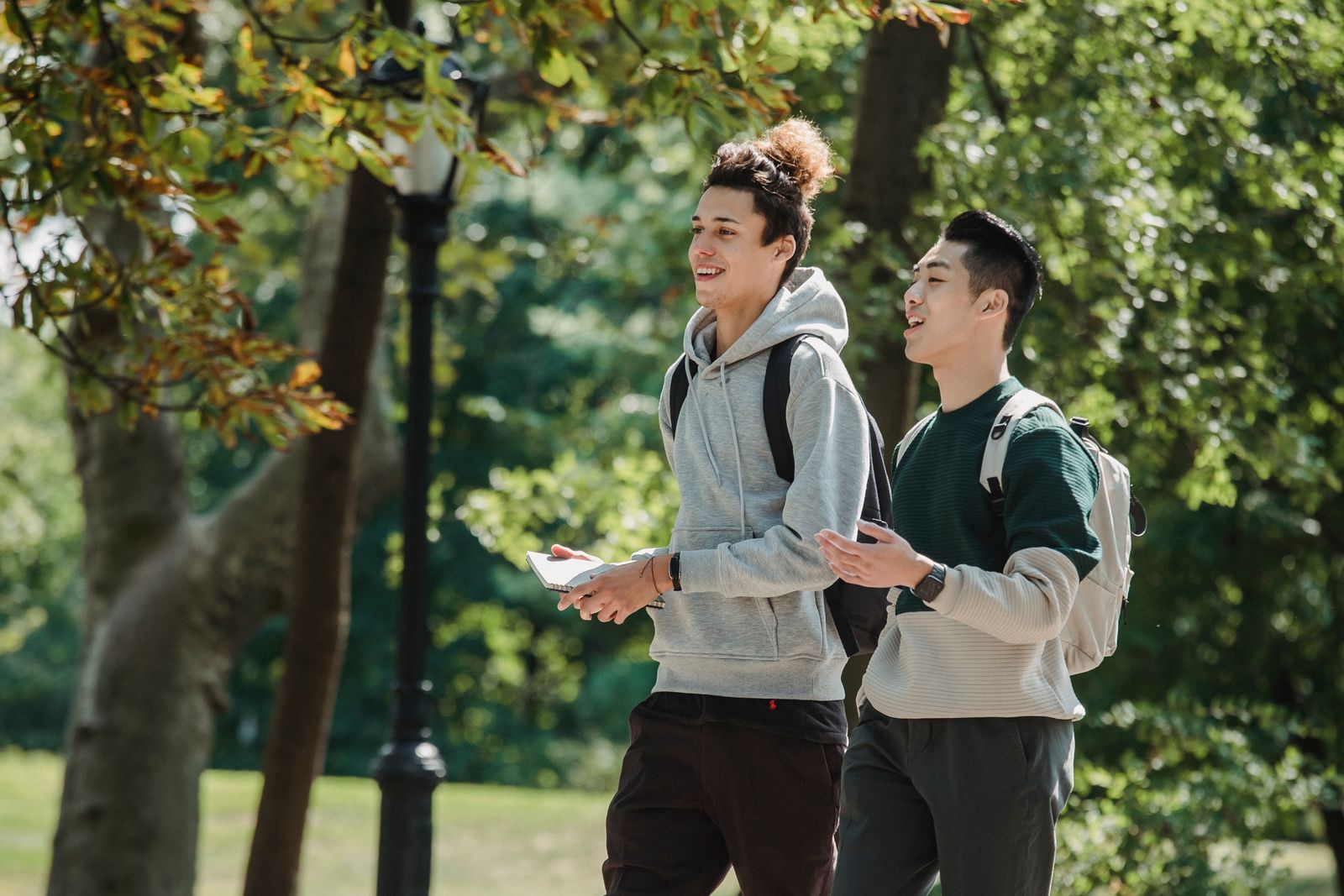 Two friends walking and talking in a park