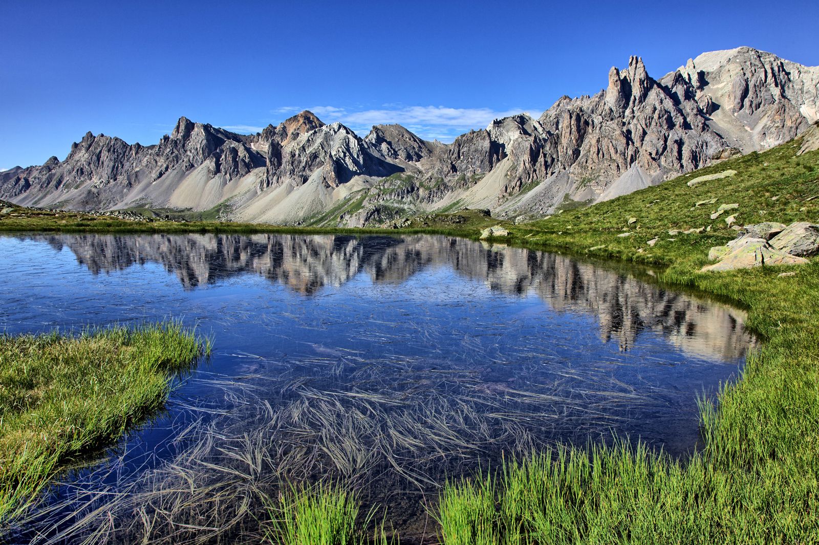 Mountain peaks reflected in a tranquil alpine lake