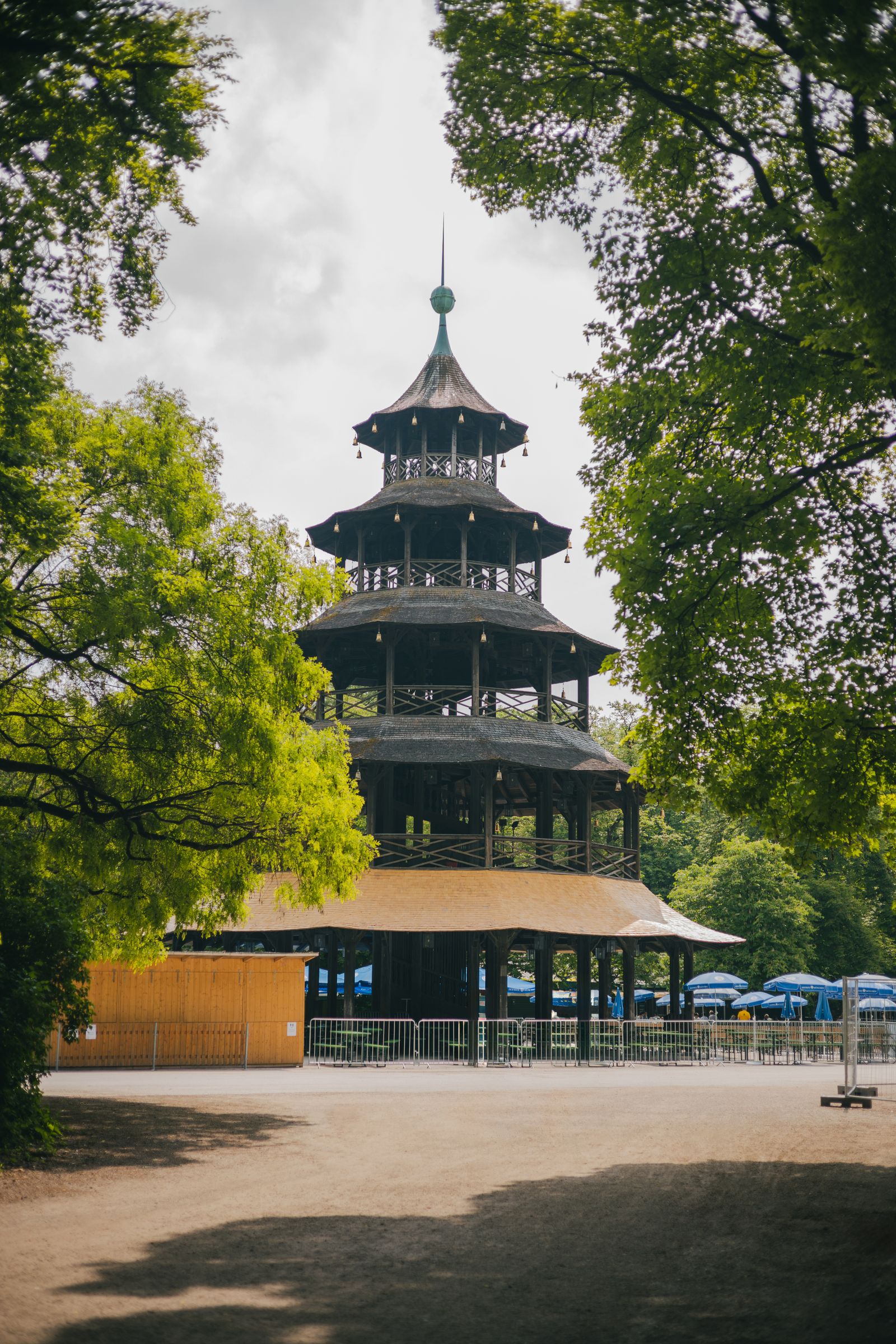 Chinese Tower beer garden in Munich surrounded by greenery