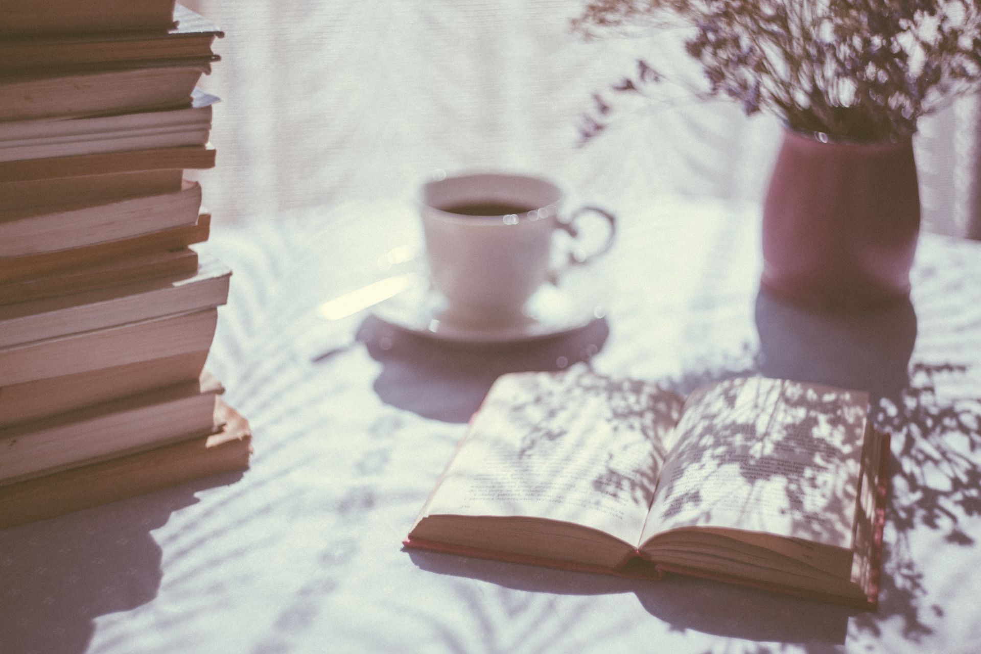 Books and a coffee cup in soft light