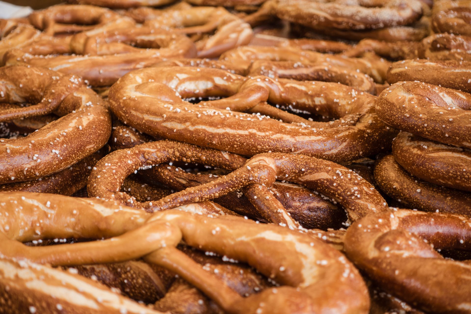 Close-up of freshly baked salted pretzels