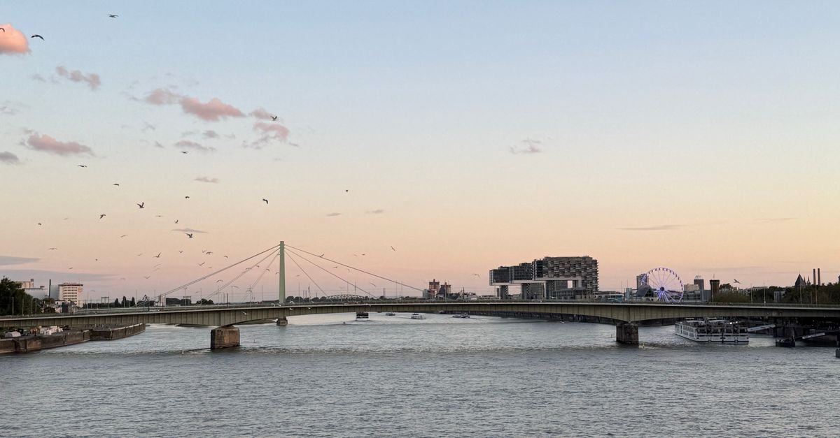 Sunset over the Rhine River in Cologne with a bridge