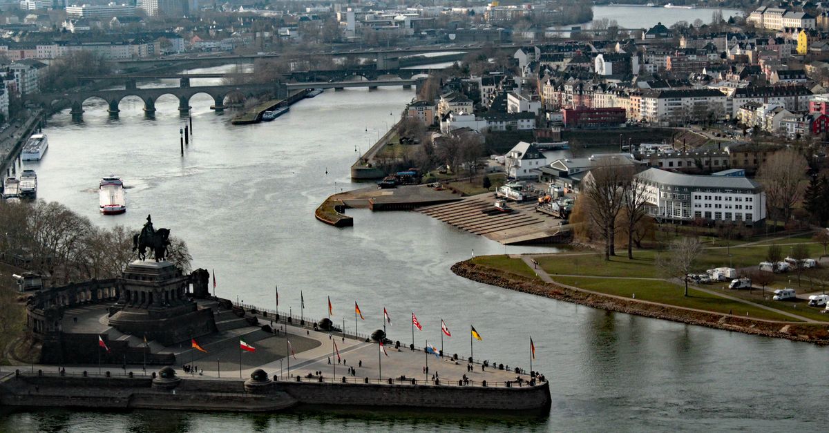 Aerial view of Deutsches Eck where the Moselle meets the Rhine in Koblenz