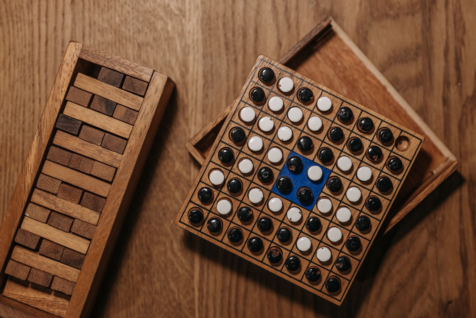 Wooden game tiles on a table