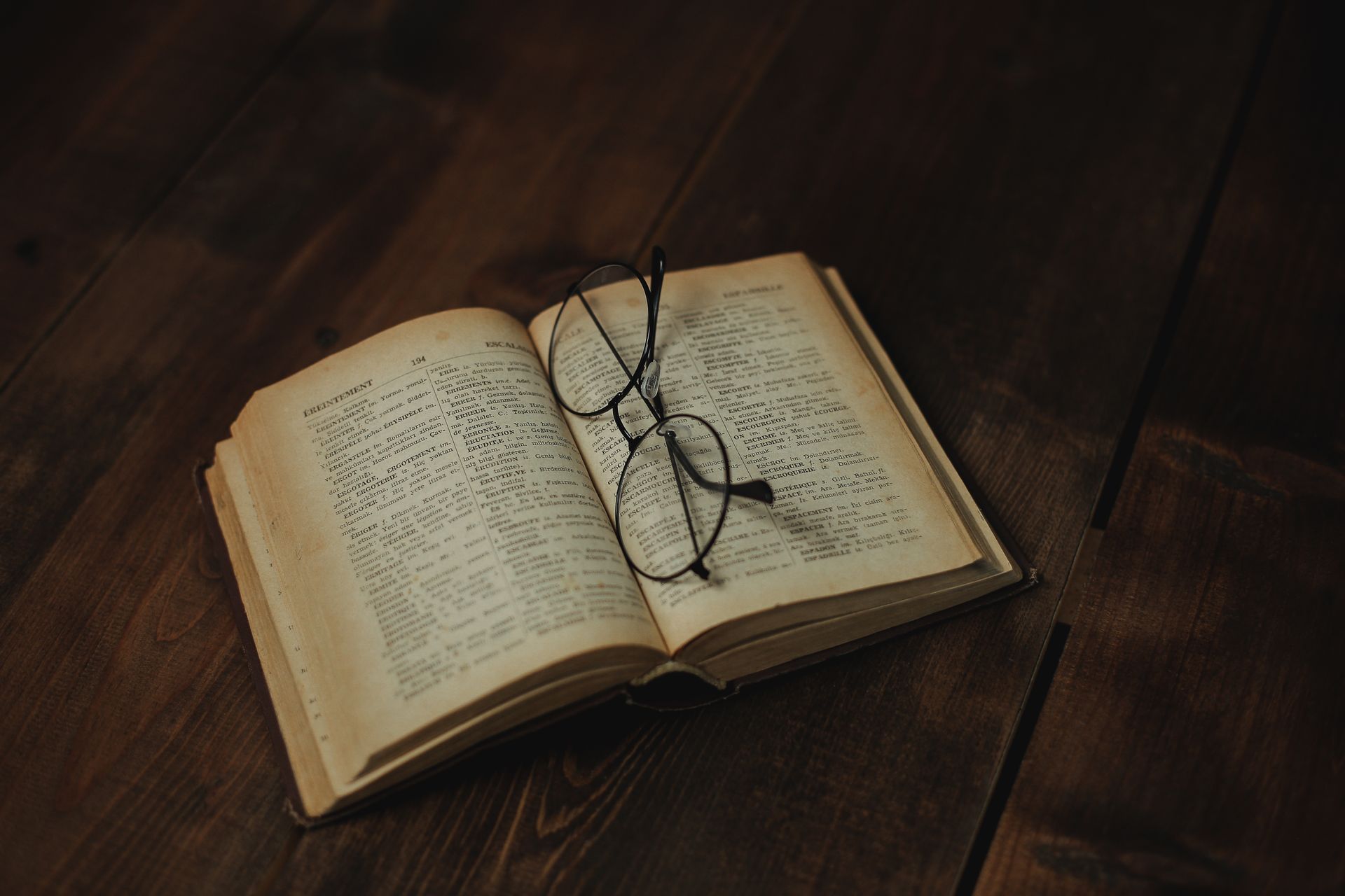 Vintage open book with eyeglasses resting on the pages