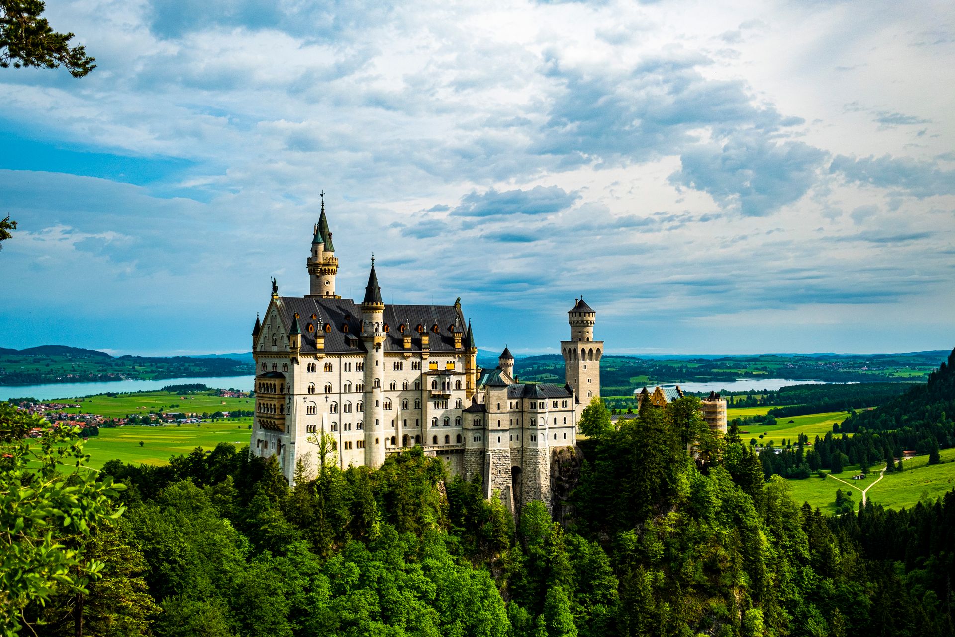 Neuschwanstein Castle surrounded by lush greenery