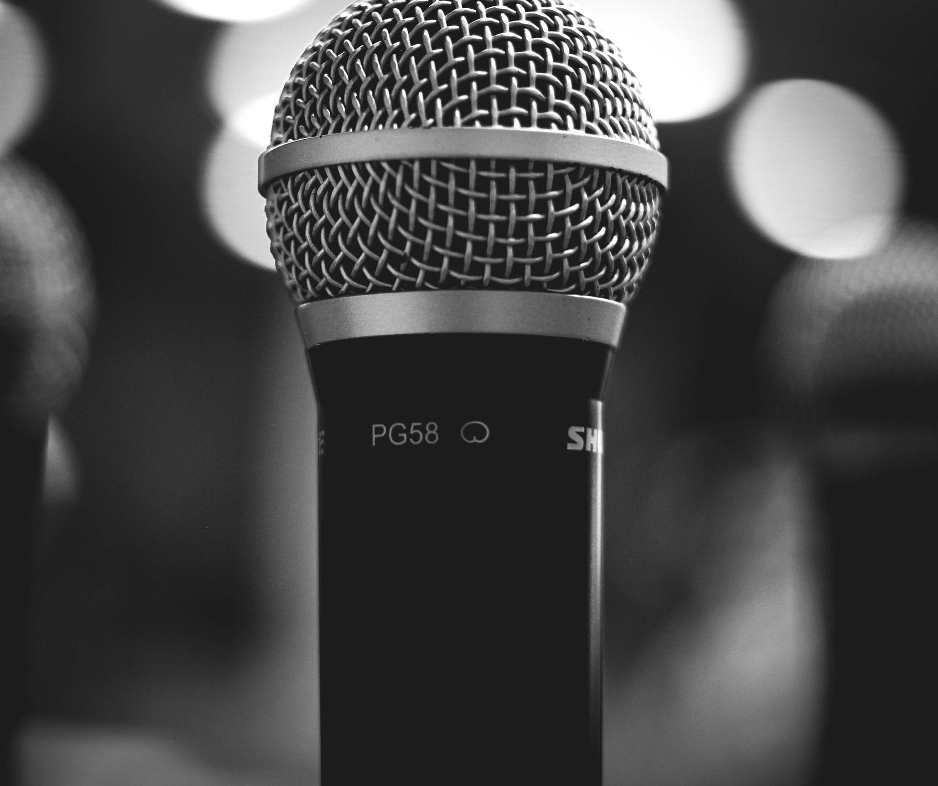 Monochrome close-up of a PG58 microphone, ideal for audio and music themes.