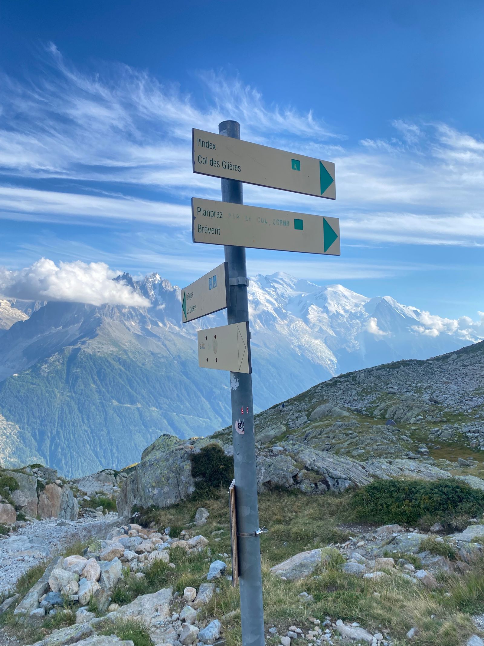 Signpost on a mountain pathway in the Alps