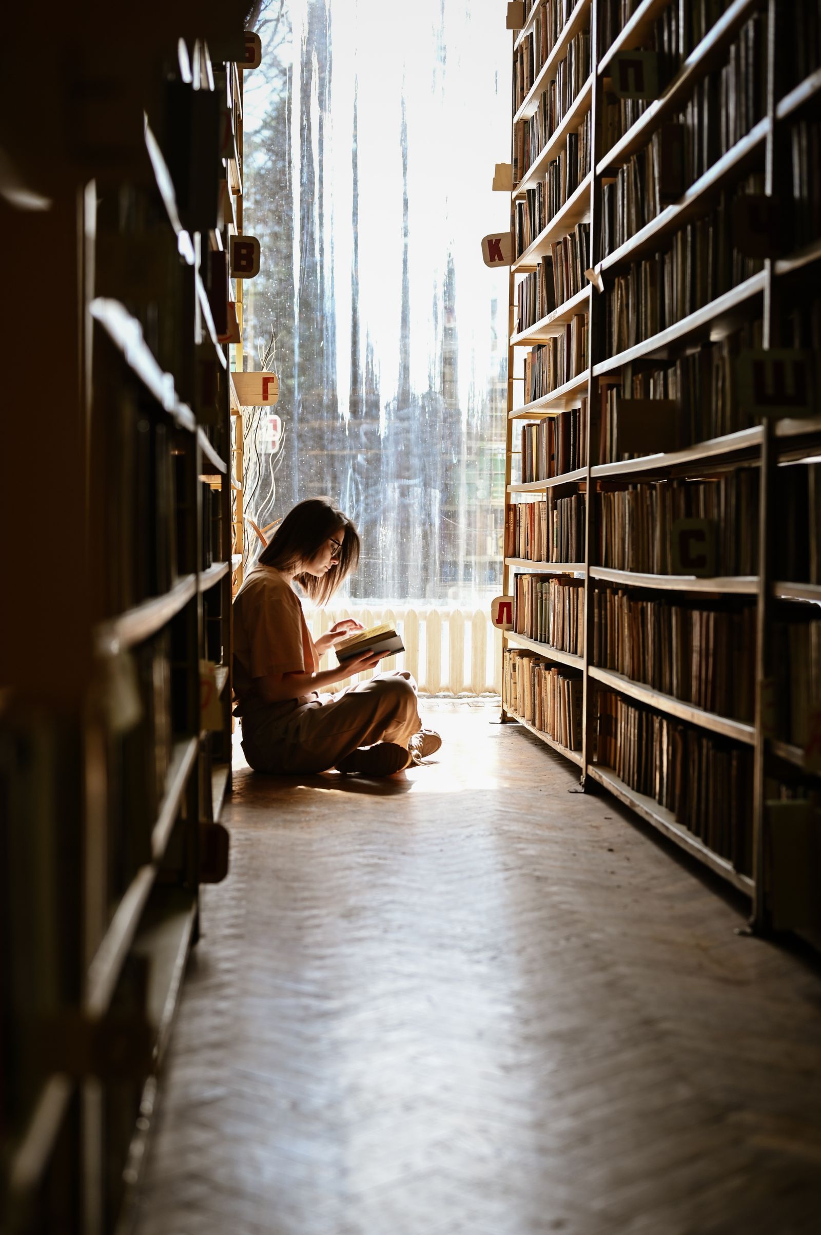 Person reading a book in a cozy library corner