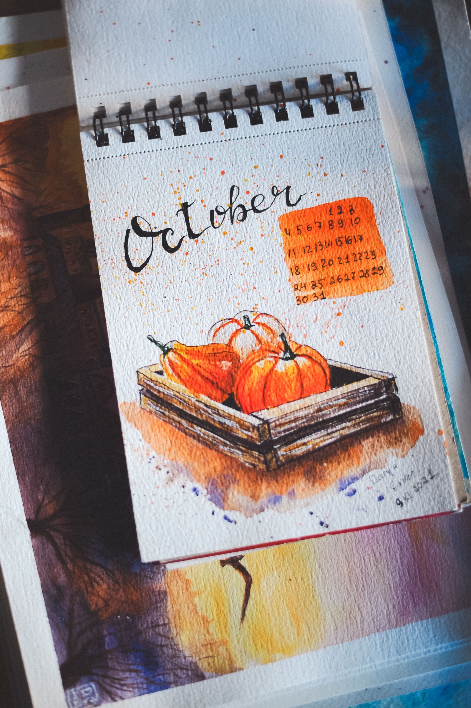 October calendar page with a pumpkin drawing