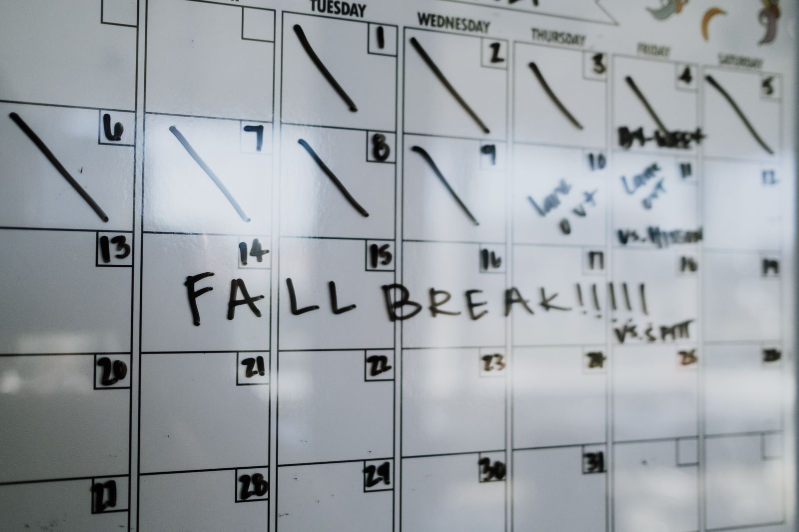 Whiteboard calendar with highlighted dates