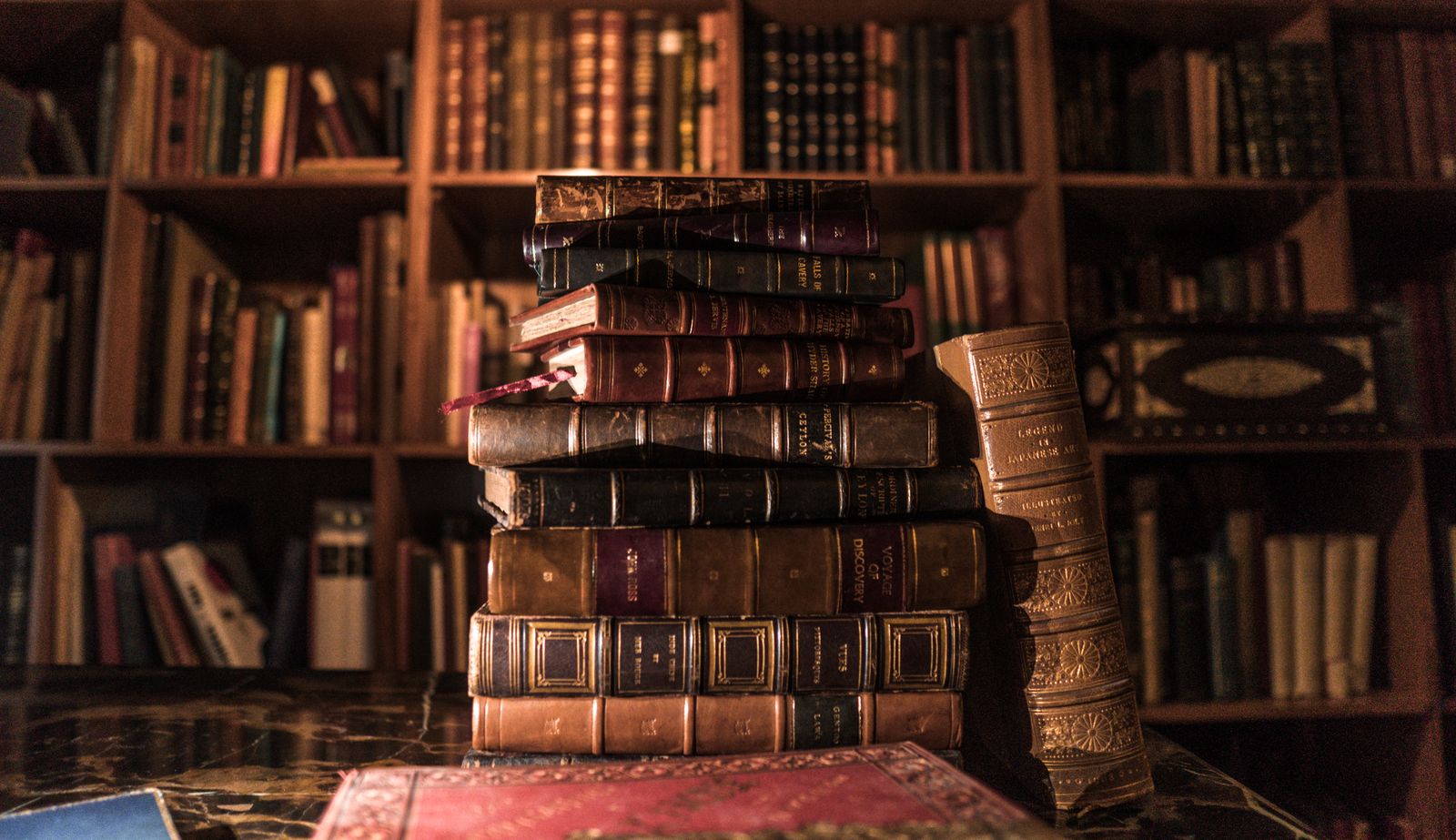 Stack of old books in a library