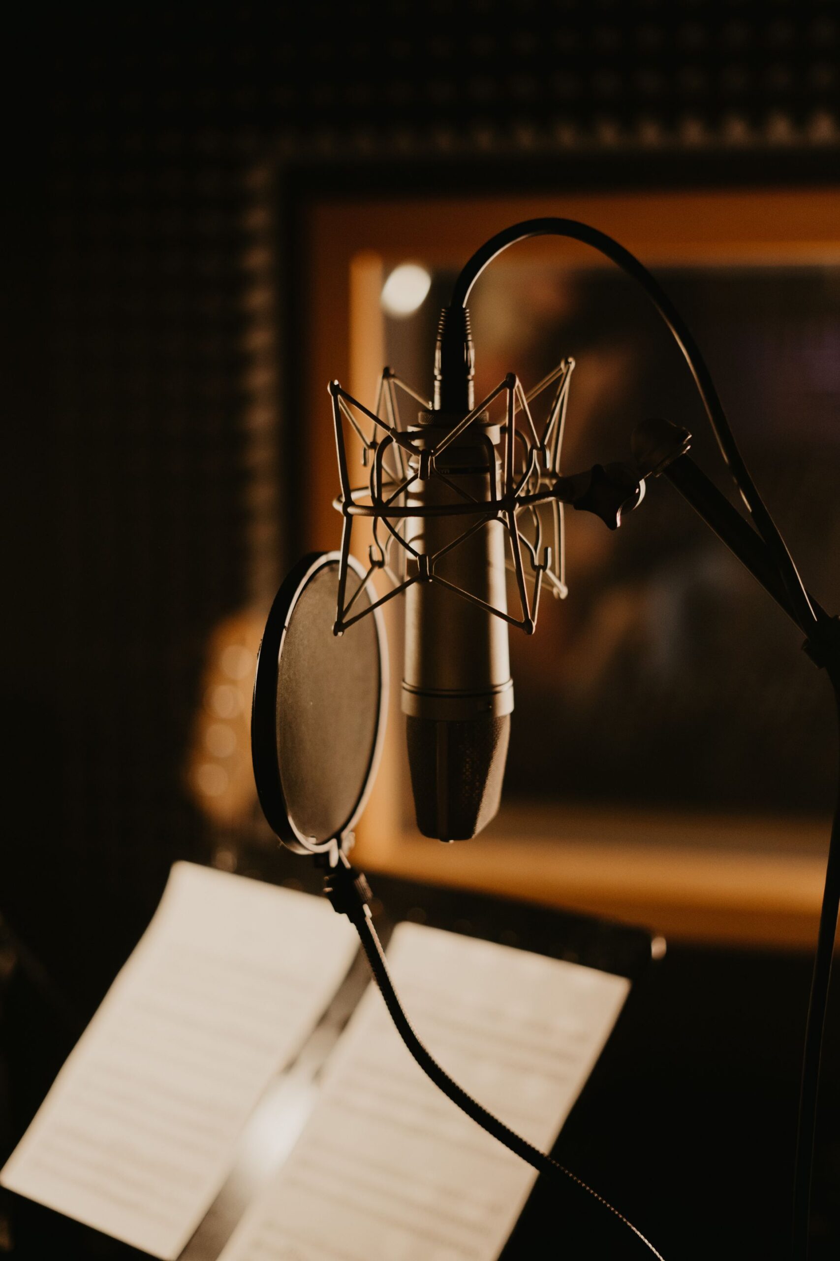 Microphone with pop filter in a dimly lit recording studio