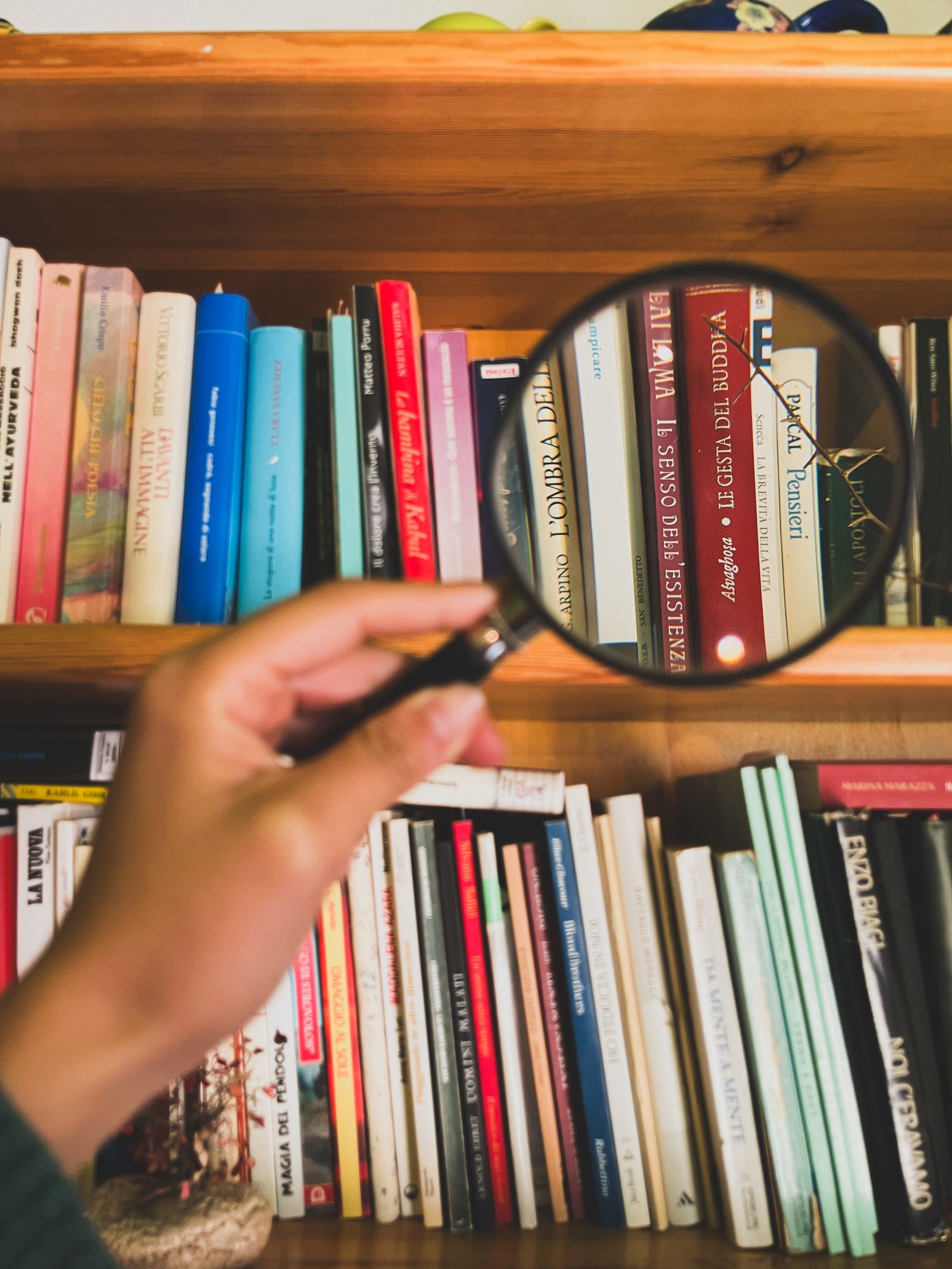 Reading with a magnifying glass in front of a bookshelf