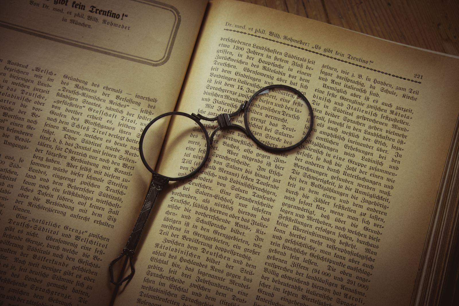 Vintage spectacles resting on an open antique book