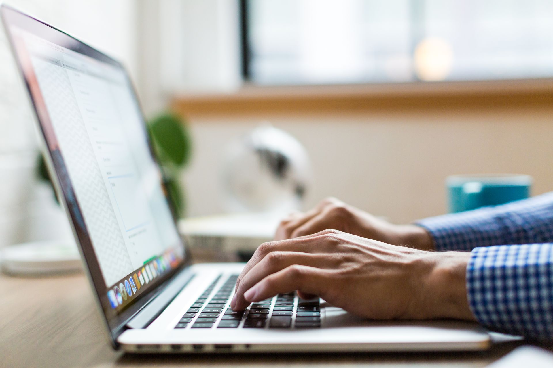 Close-up of adult typing on laptop in bright, modern office