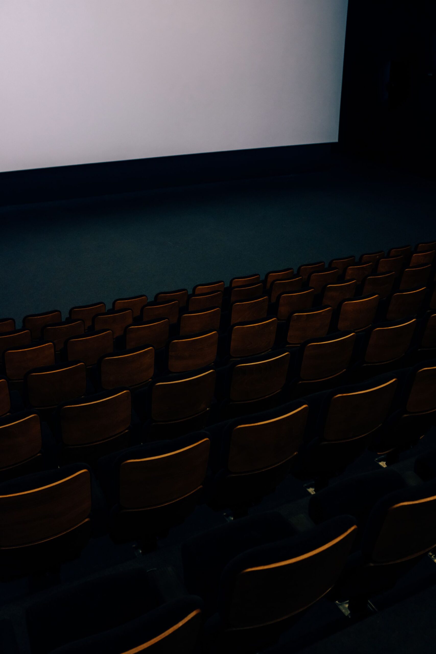 Empty theater auditorium with seats and a projector screen