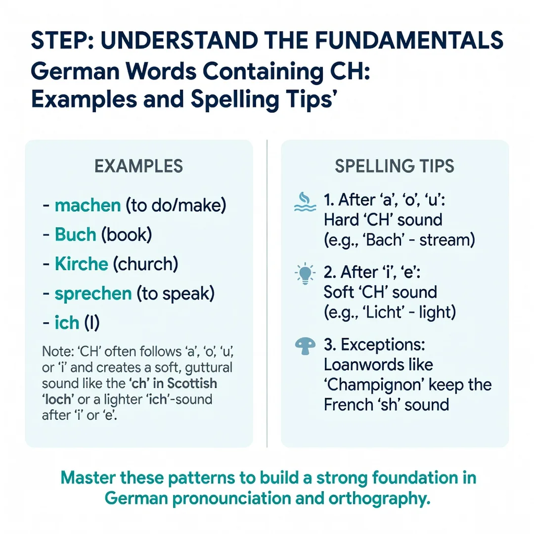 Step 1: Illustration for step: Understand the fundamentals related to German Words Containing CH: Examples a