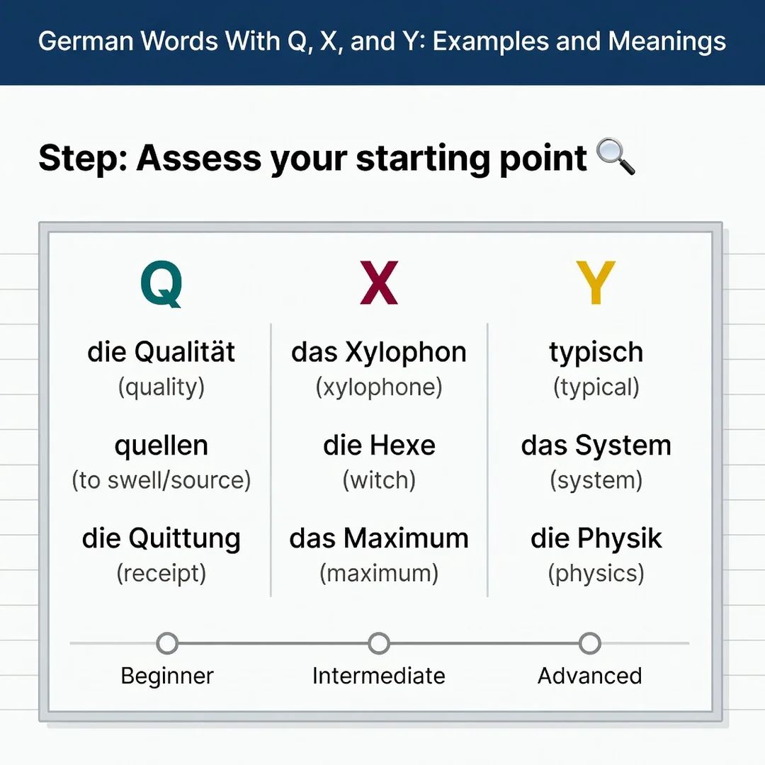 Step 2: Illustration for step: Assess your starting point related to German Words With Q, X, and Y: Examples