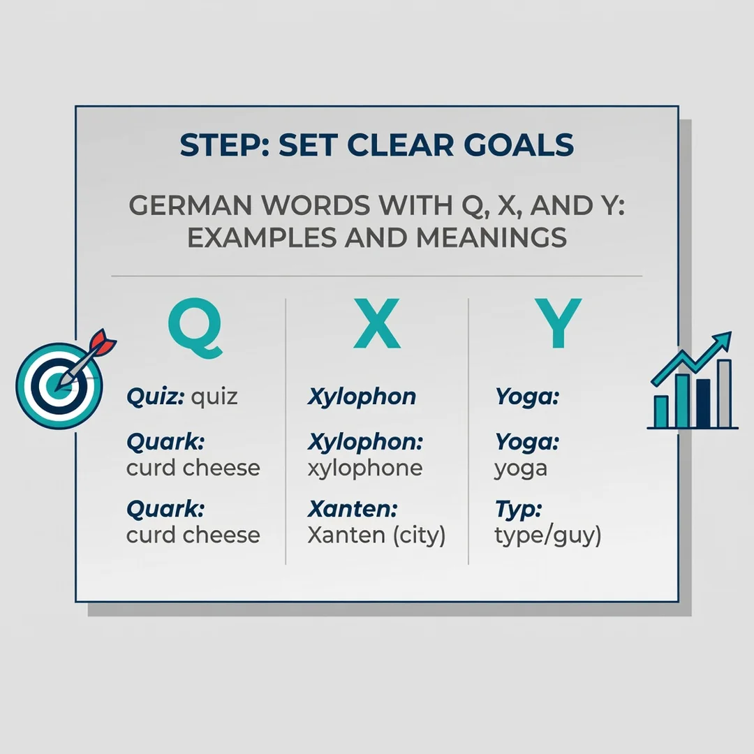 Step 3: Illustration for step: Set clear goals related to German Words With Q, X, and Y: Examples and Meanin
