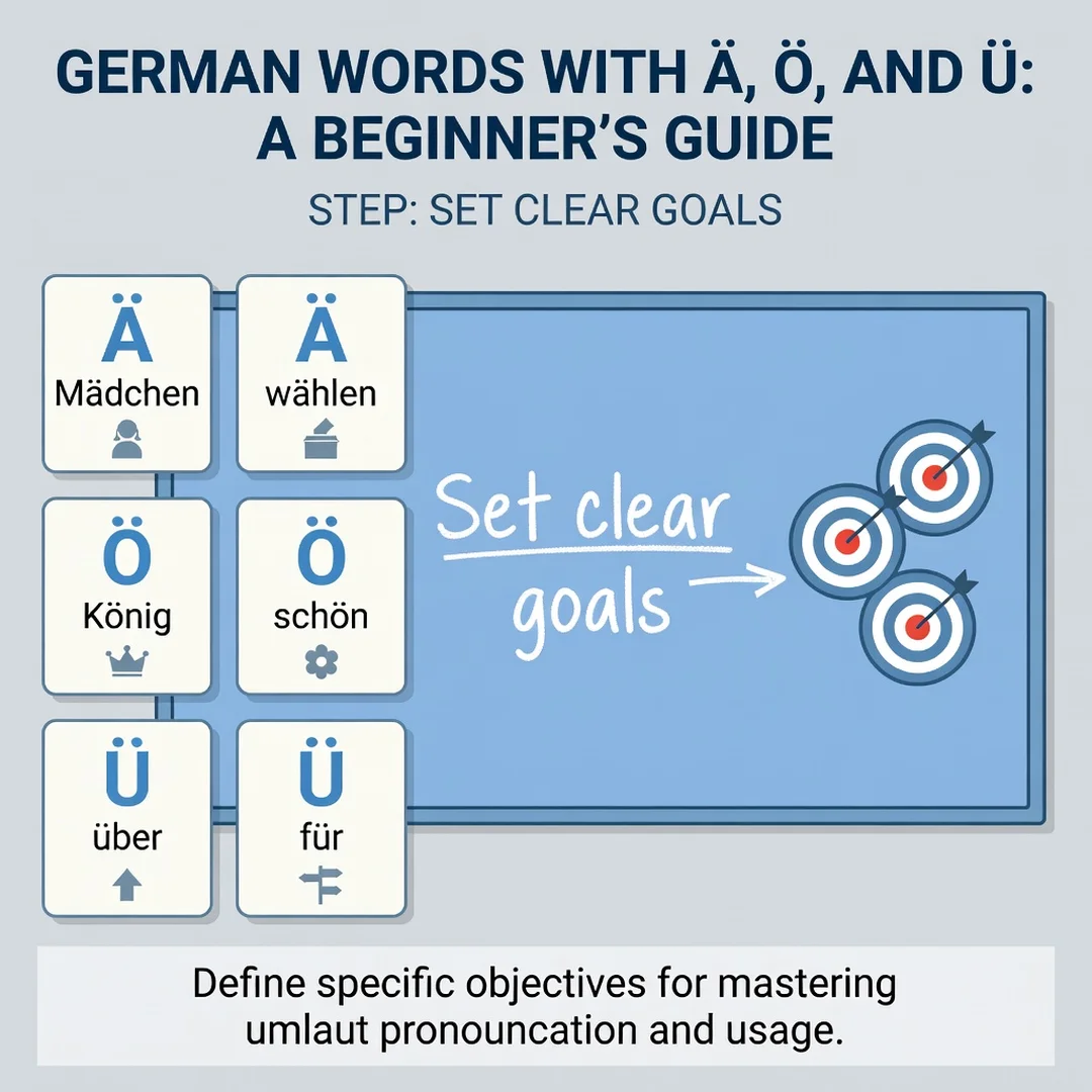 Step 3: Illustration for step: Set clear goals related to German Words With Ä, Ö, and Ü: A Beginner’s Guide,