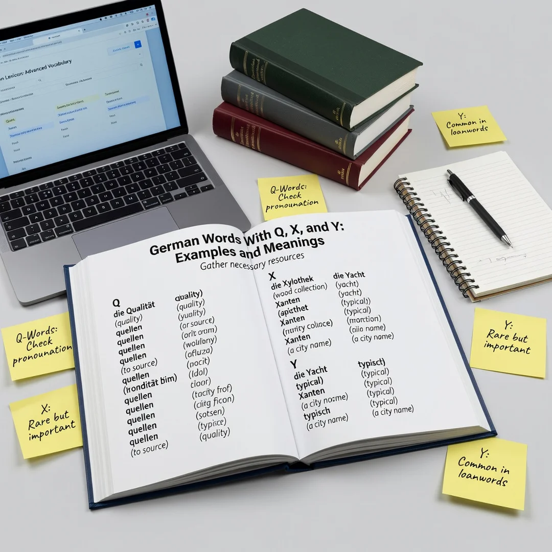 Step 4: Illustration for step: Gather necessary resources related to German Words With Q, X, and Y: Examples