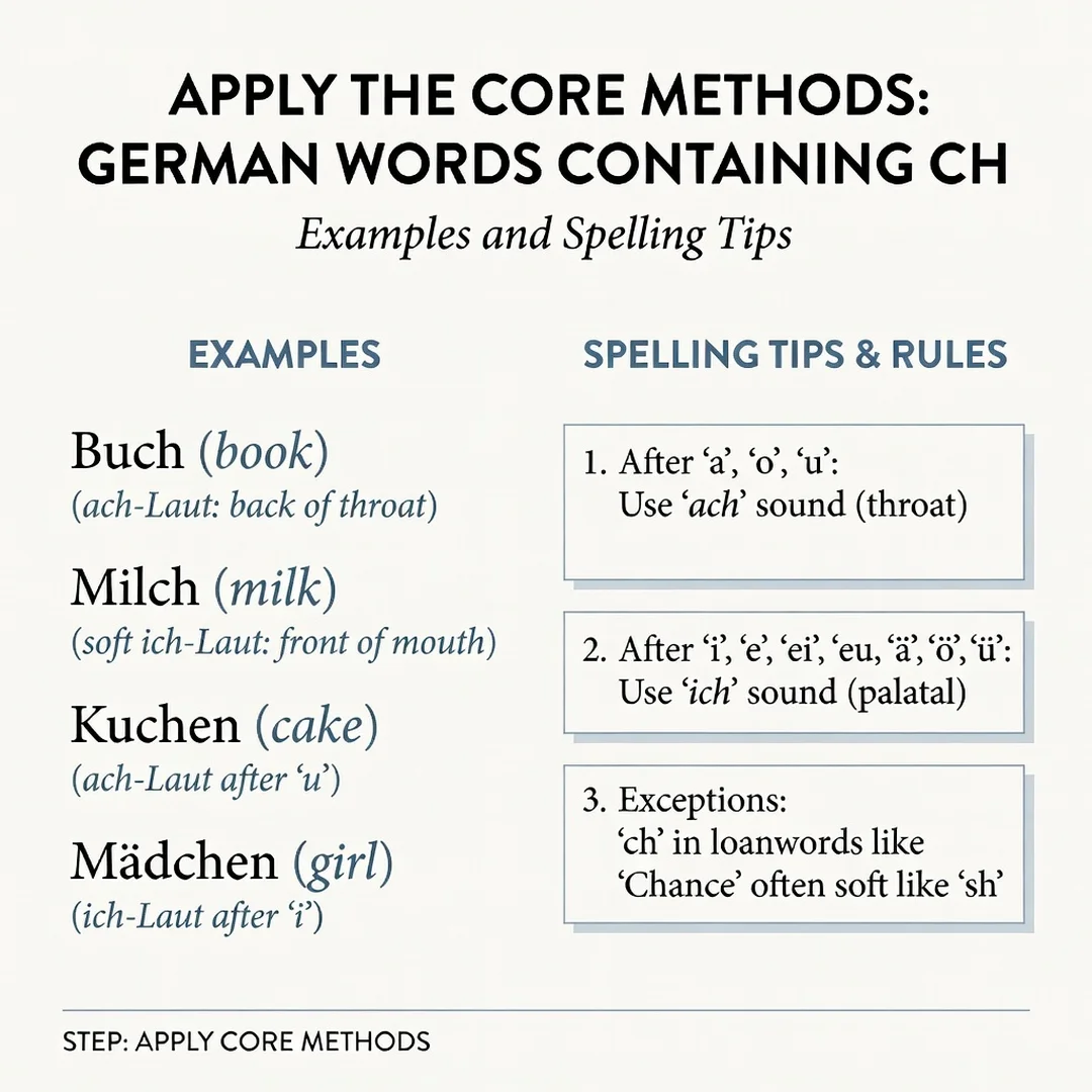 Step 5: Illustration for step: Apply the core methods related to German Words Containing CH: Examples and Sp