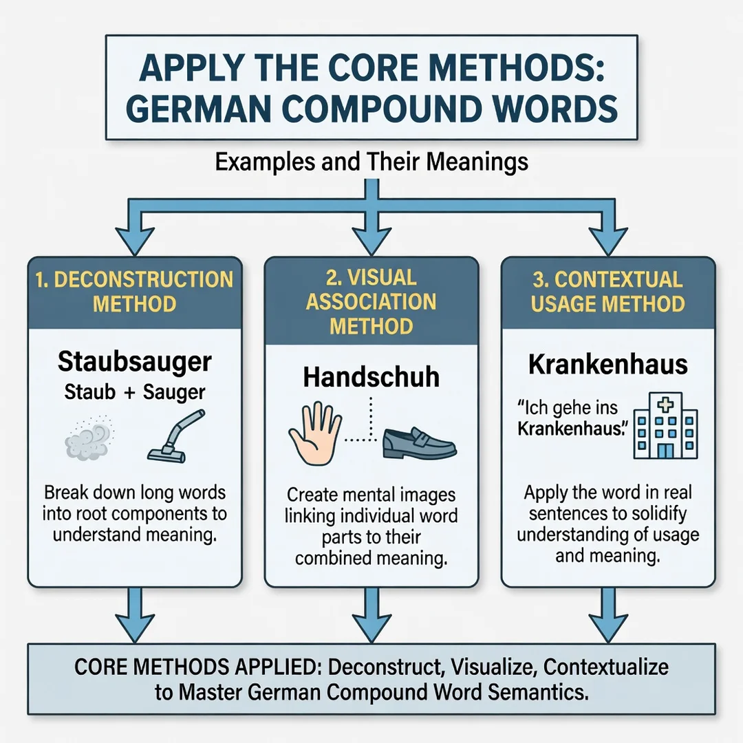 Step 5: Illustration for step: Apply the core methods related to German Compound Words: Examples and Their M