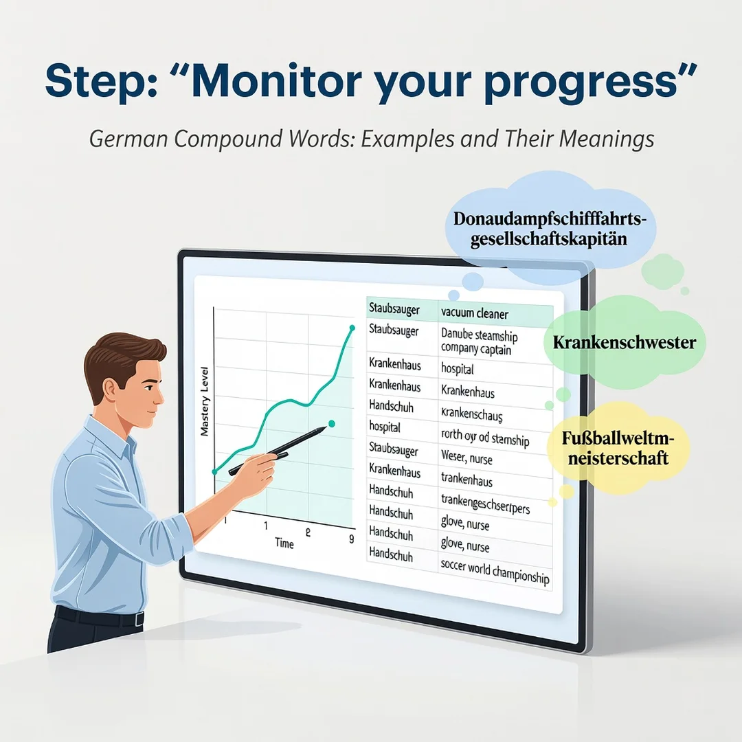 Step 6: Illustration for step: Monitor your progress related to German Compound Words: Examples and Their Me