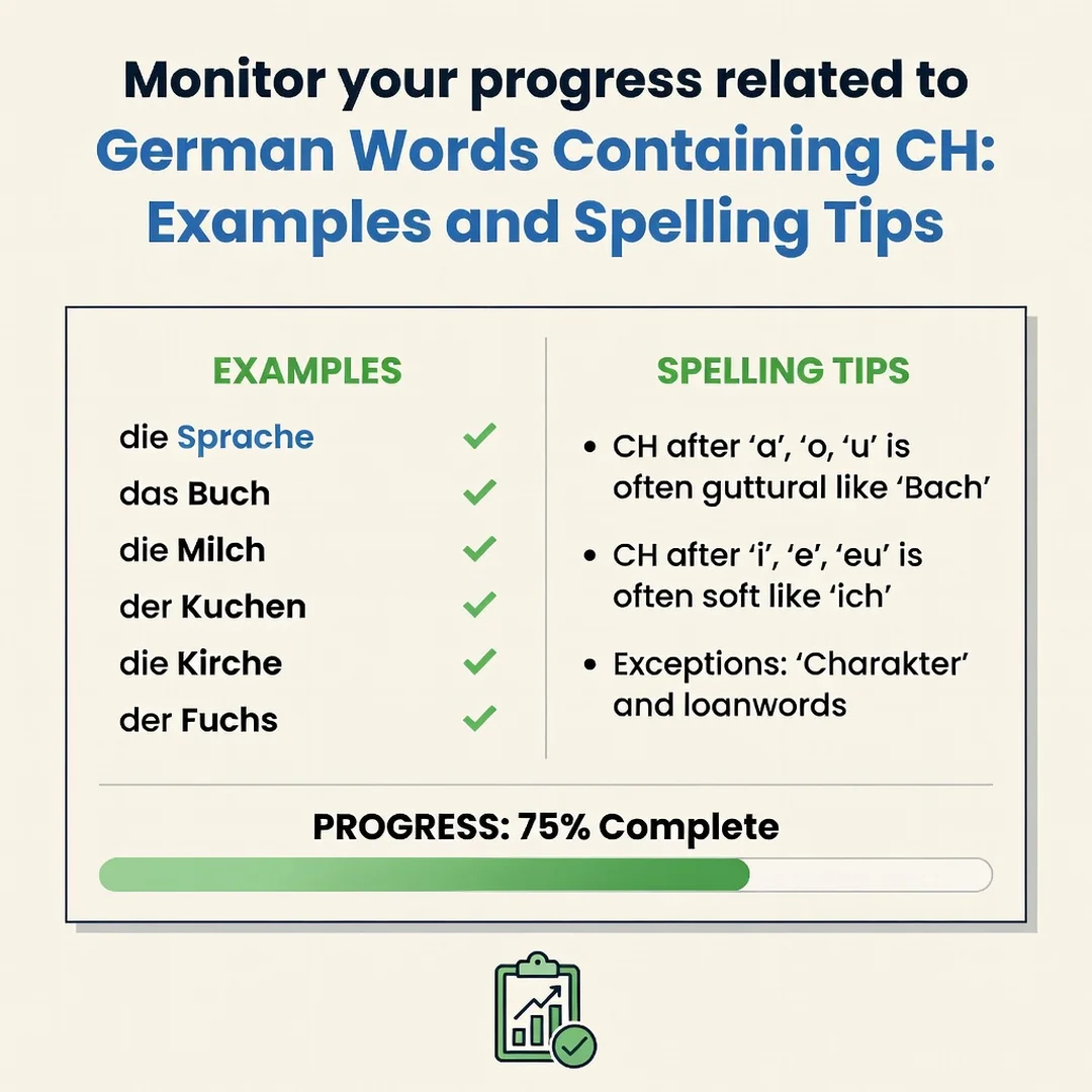 Step 6: Illustration for step: Monitor your progress related to German Words Containing CH: Examples and Spe