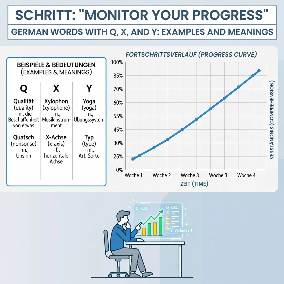Step 6: Illustration for step: Monitor your progress related to German Words With Q, X, and Y: Examples and