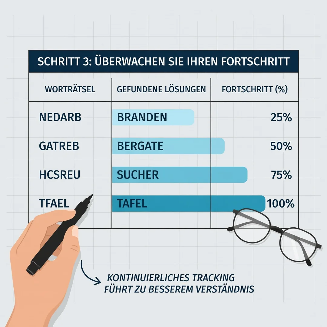 Step 6: Illustration for step: Monitor your progress related to How to Solve German Word Scrambles Easily, p