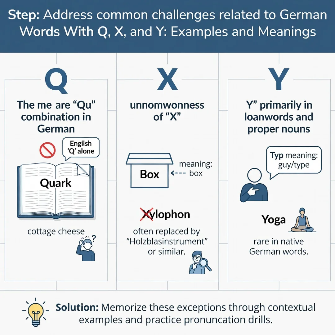 Step 7: Illustration for step: Address common challenges related to German Words With Q, X, and Y: Examples