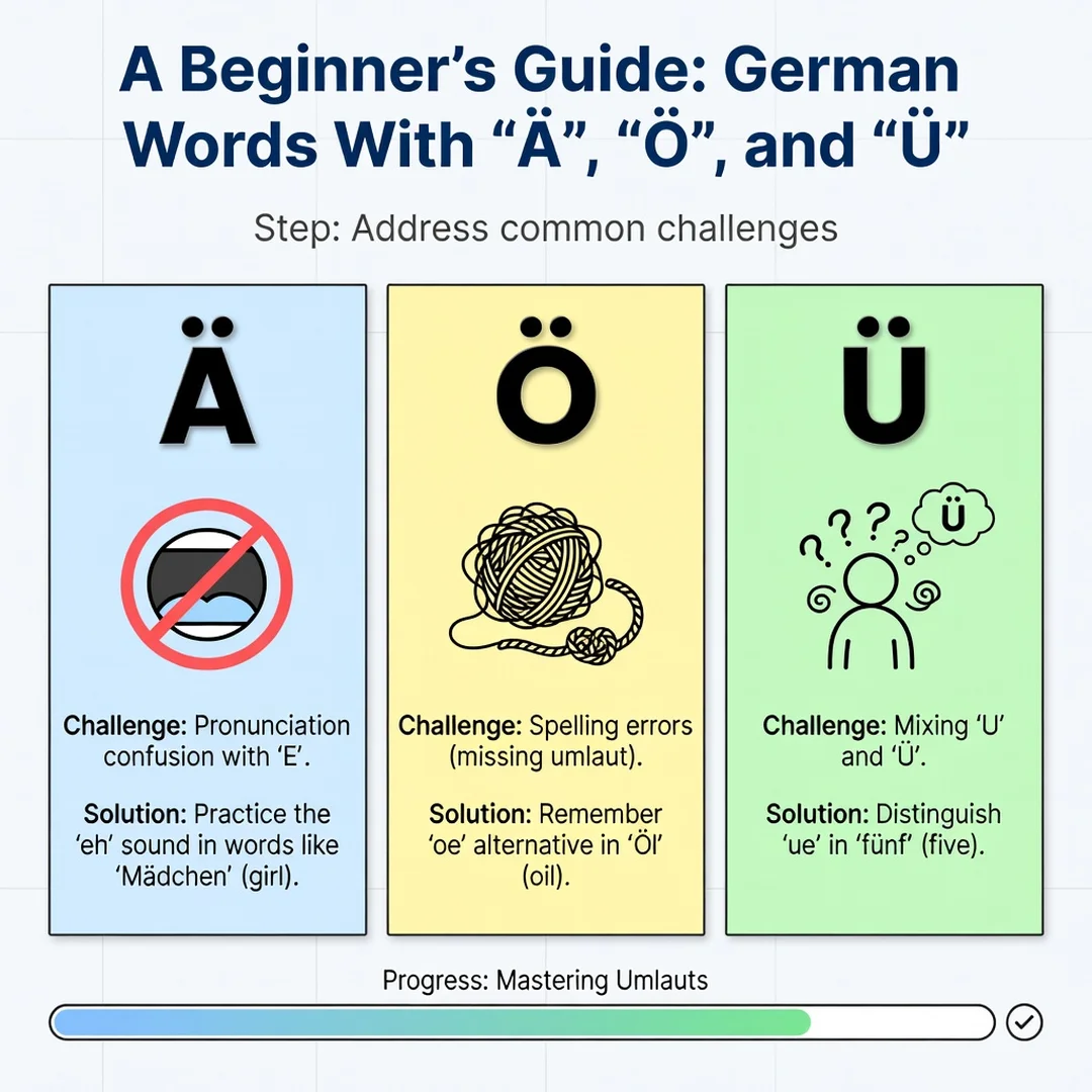 Step 7: Illustration for step: Address common challenges related to German Words With Ä, Ö, and Ü: A Beginne