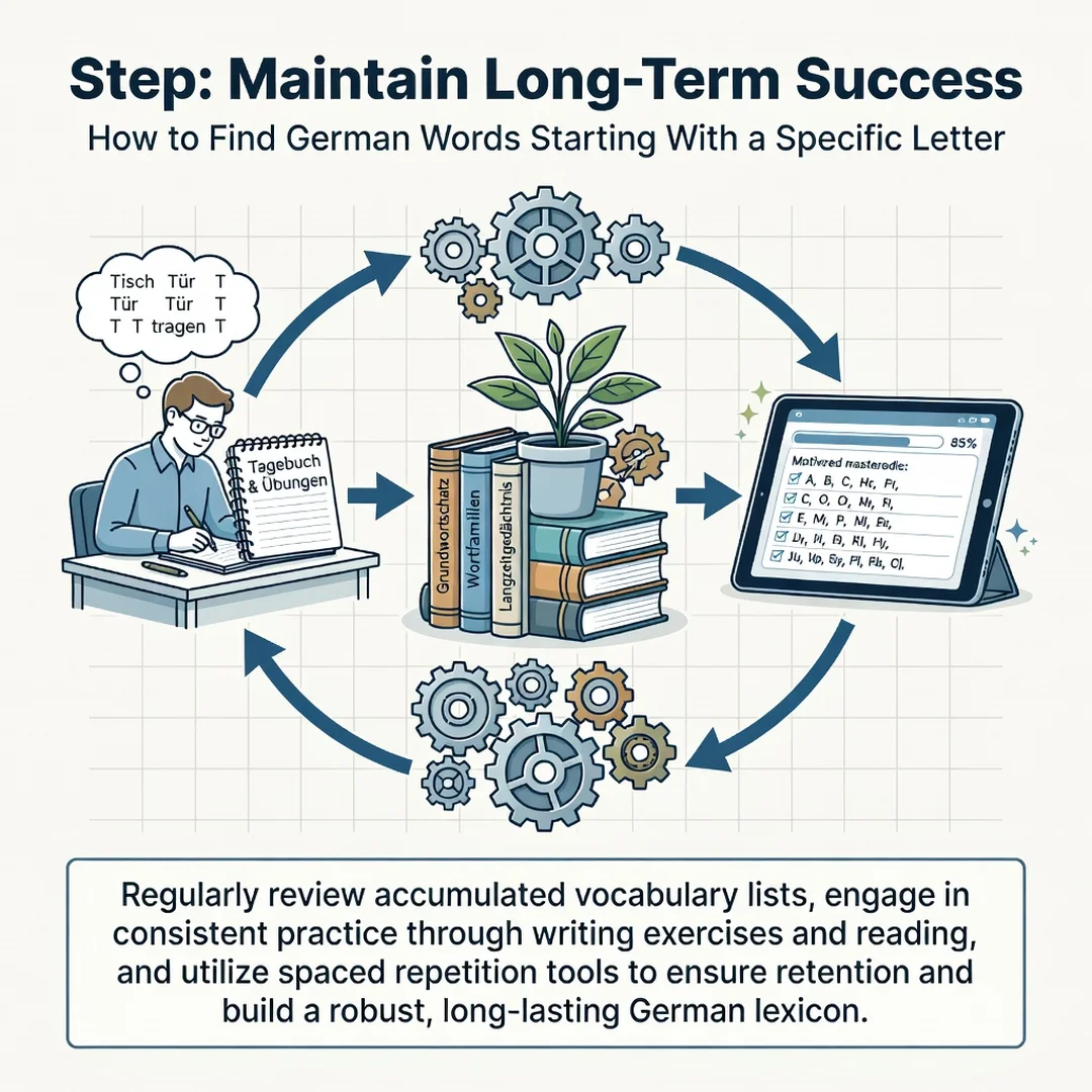 Step 8: Illustration for step: Maintain long-term success related to How to Find German Words Starting With